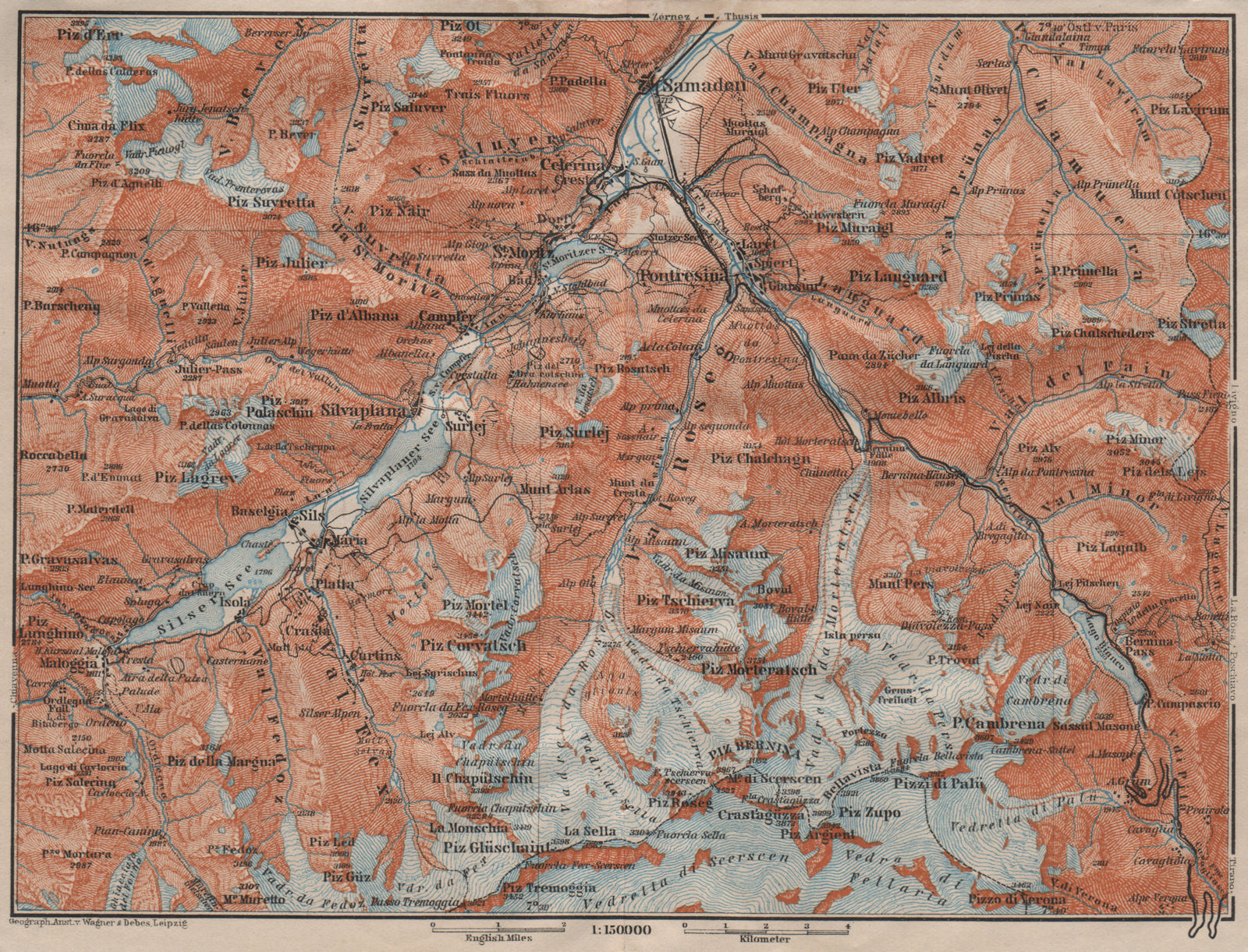 UPPER ENGADINE. St Moritz Celerina Pontresina Sils-Maria Bernina Range 1911 map